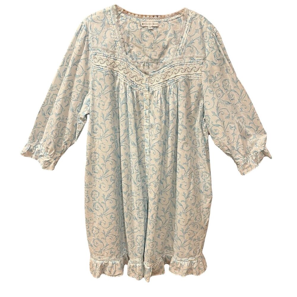 Eileen West Cotton Lawn Nightgown Pockets Knee Length 3/4 Sleeves 2XL Cottage